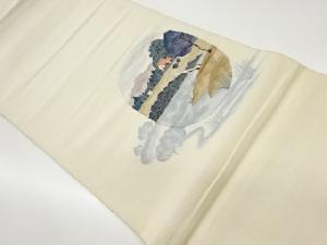 リサイクル　手織り紬民家風景模様織出し名古屋帯